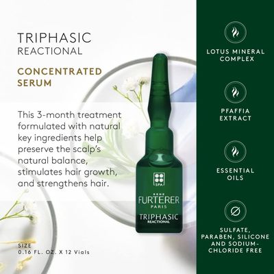 Rene Furterer TRIPHASIC Reactional Concentrated Serum - For Sudden Thinning Hair - Postpartum, Stress - Drug-Free - 12 ct., 3-Month Supply