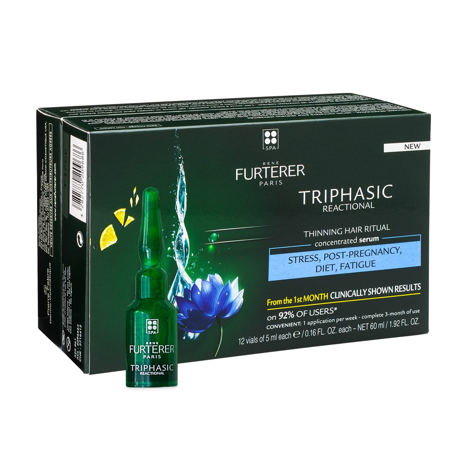 Rene Furterer TRIPHASIC Reactional Concentrated Serum - For Sudden Thinning Hair - Postpartum, Stress - Drug-Free - 12 ct., 3-Month Supply