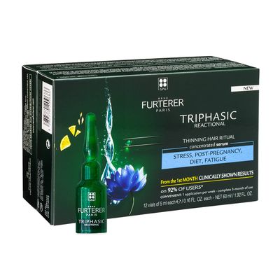 Rene Furterer TRIPHASIC Reactional Concentrated Serum - For Sudden Thinning Hair - Postpartum, Stress - Drug-Free - 12 ct., 3-Month Supply