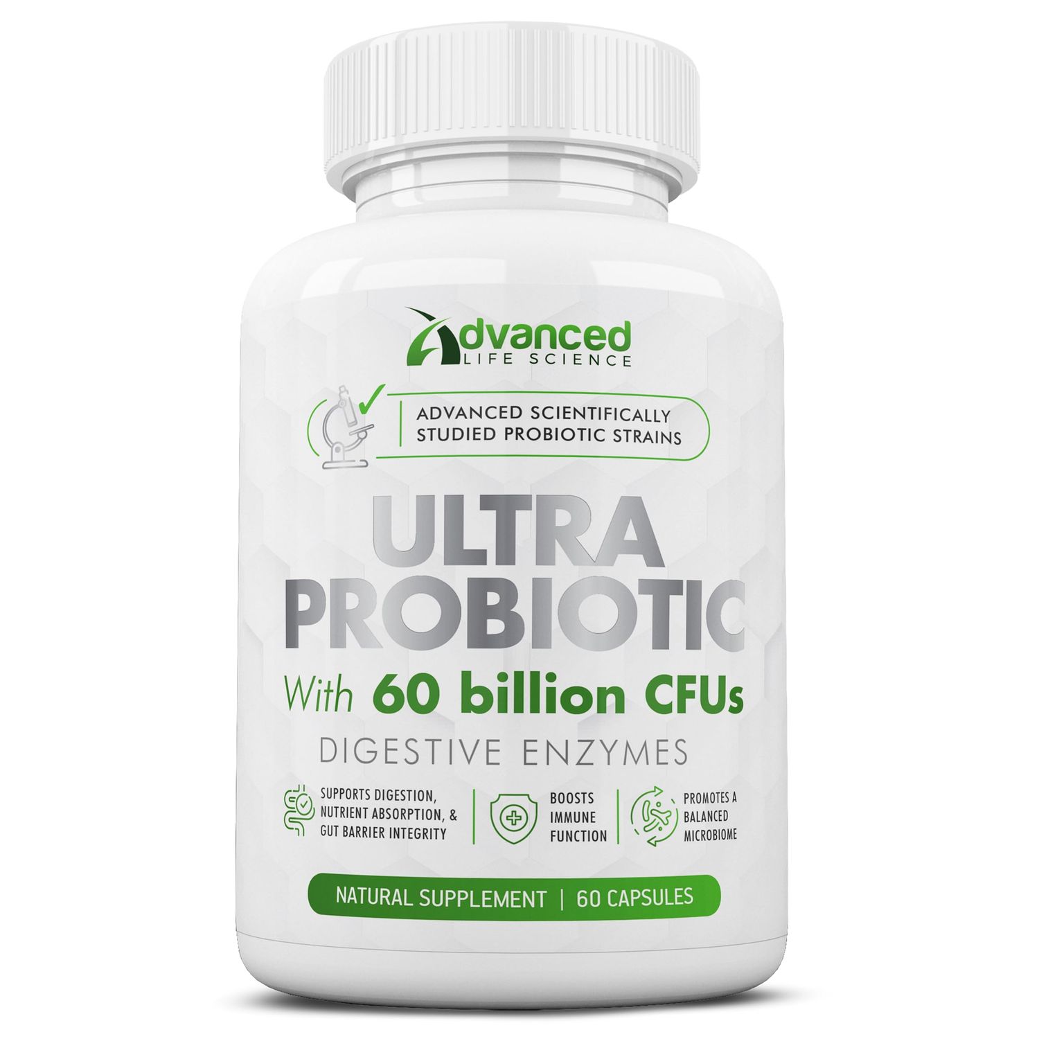 ADVANCED LIFE SCIENCE Ultra Probiotic for Women Men - 60 Billion CFU, Clinically Supported Identified Strains with Health Benefits, Quality Probiotics for Digestive Health, Boost Immune Function