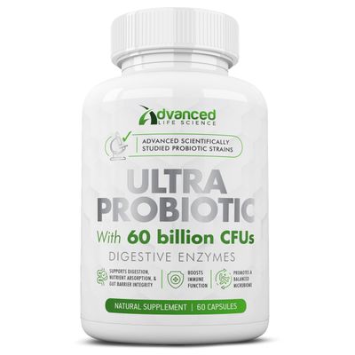 ADVANCED LIFE SCIENCE Ultra Probiotic for Women Men - 60 Billion CFU, Clinically Supported Identified Strains with Health Benefits, Quality Probiotics for Digestive Health, Boost Immune Function