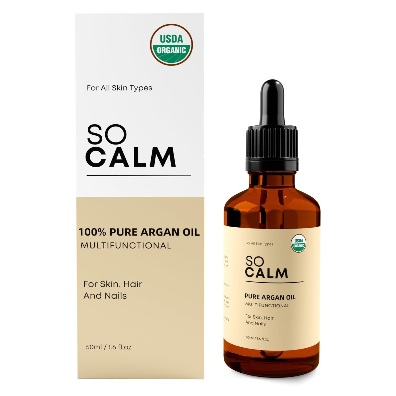 SoCalm 100 Pure Argan Oil - Cold-Pressed Organic, Deep Moisture for Face, Skin Hair, Rich in Vitamin E Fatty Acids - 1.6oz 50ml