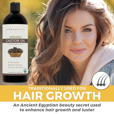 Viva Naturals Organic Castor Oil for Eyelashes and Eyebrows (16 fl oz) - USDA Certified Organic, Cold Pressed Castor Oil, Natural Hair Oil Eyelash Serum, Beauty Kit Included