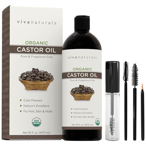 Viva Naturals Organic Castor Oil for Eyelashes and Eyebrows (16 fl oz) - USDA Certified Organic, Cold Pressed Castor Oil, Natural Hair Oil Eyelash Serum, Beauty Kit Included