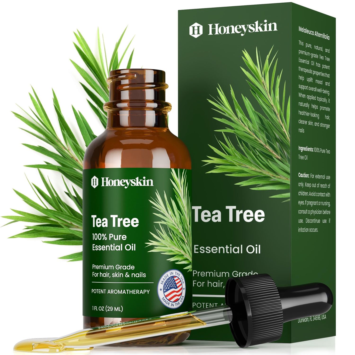 Honeyskin 100 Pure and Natural Tea Tree Oil - Hair Growth Oil and Scalp treatment - Tea tree essential oil for Face, hair, and skin - Aromatherapy essential diffuser 1fl.oz (29ml)