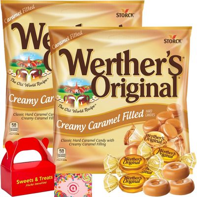 Werther&#39;s Original Caramel Hard Candy Individually Wrapped Creamy Soft Smooth Treat Box Included (Creamy Caramel Filled Hard Candy - 2 Bags)