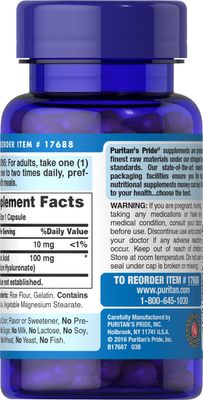 Puritans Pride Hyaluronic Acid 100mg, Dietary Supplement for Skin Hydration, 60 Rapid Release Capsules