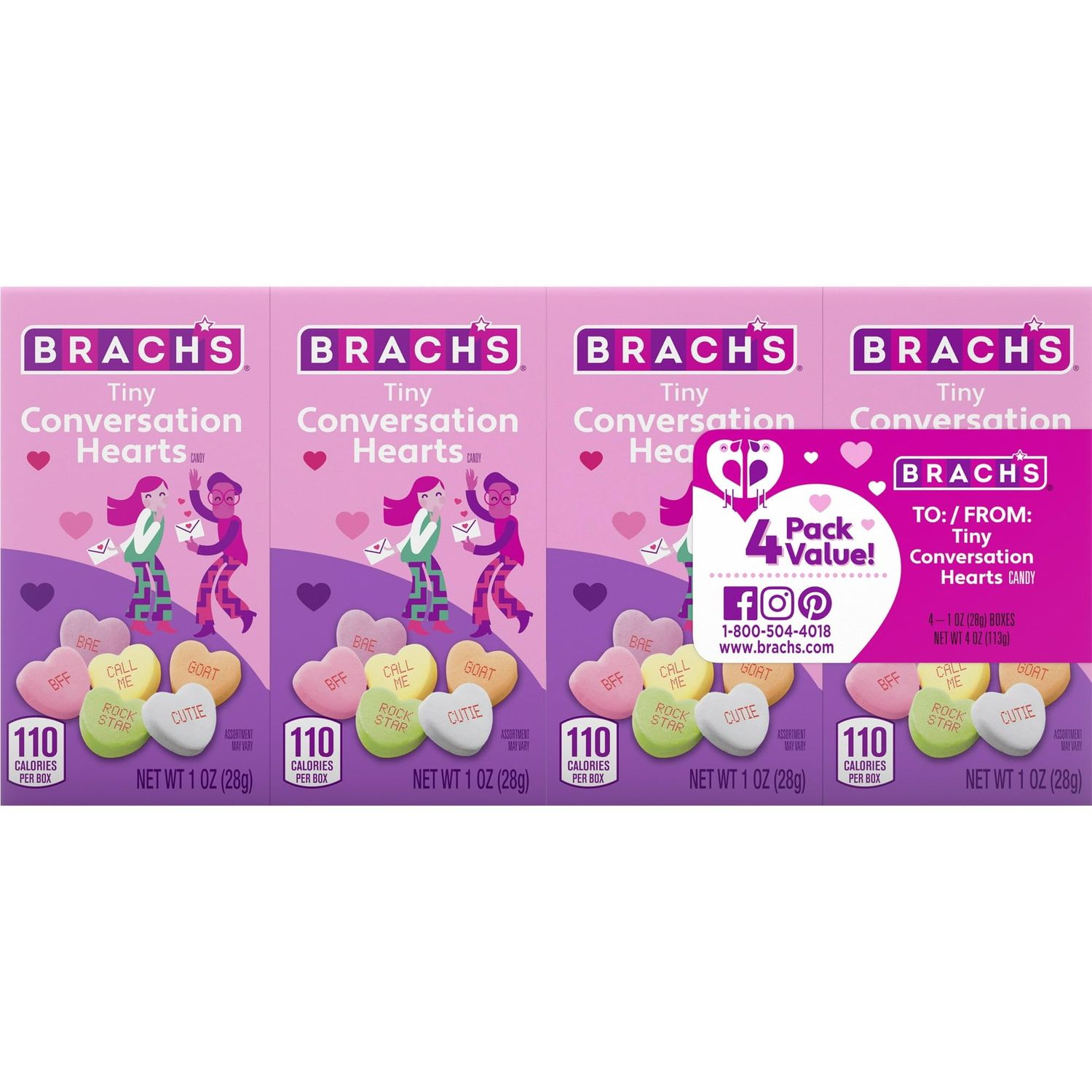 Brach&#39;s Tiny Conversation Hearts &quot;ToFrom&quot; Boxes, 1.0oz, Valentine&#39;s Candy, 4 individually wrapped packs