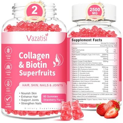 2 Pack Sugar Free Collagen Gummies for Women Men, Multi Collagen Peptides Gummies Type I II III V X with Biotin Vitamin A B C D E for Hair Skin Nails, Strawberry Flavor, 120 Count