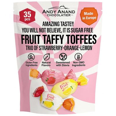 Andy Anand Sugar Free Fruit Taffy Toffees trio of Strawberry-Orange-Lemon flavors 35 pcs Diabetic-friendly crafted in Europe, mouthwatering experience that defies the typical sugar free taste (7 Oz)