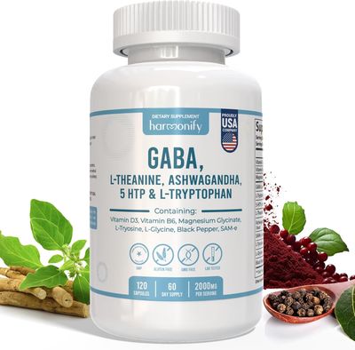 HARMONIFY GABA L-Theanine Supplements with Magnesium Glycinate, Ashwagandha, Same, 5-HTP and L-Tryptophan, 12 in 1 Supplements, 120 Capsules, 2000 mg