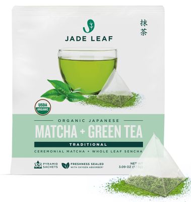 Jade Leaf Matcha Organic Matcha Green Tea Bags - Traditional - Ceremonial Matcha Whole Leaf Sencha - Authentic Japanese Origin (35 Pyramid Sachets)