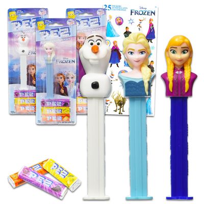 Frozen PEZ Dispensers 3 Pack - Bundle with 3 Pez Dispensers Featuring Elsa, Anna, and Olaf with Pez Refill Packs Plus Stickers Disney Frozen PEZ Candy Dispenser Candy Refills