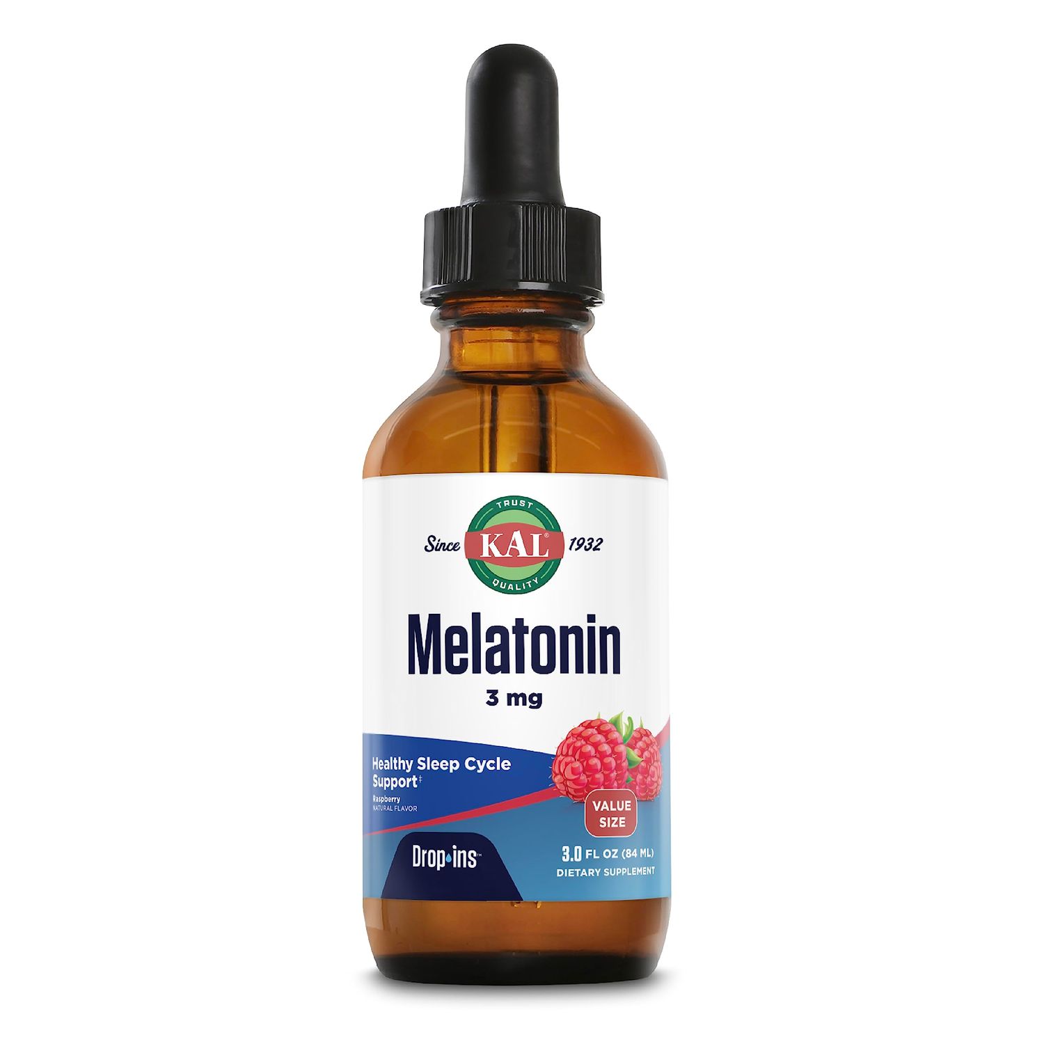 KAL Melatonin 3mg DropIns, Fast Acting Sleep Aid, Melatonin Drops for Calming Relaxation and Healthy Sleep Cycle Support, Natural Raspberry Flavor, 60 Day Guarantee, Approx. 88 Servings, 3 fl oz