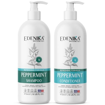Peppermint Shampoo and Conditioner with Castor Oil Biotin, Soothes Dry, Itchy Scalp, Strengthens Hair, Reduces Thinning Hair Loss, Promotes Growth, Adds Volume, Sulfate-Free, 16 fl oz Each