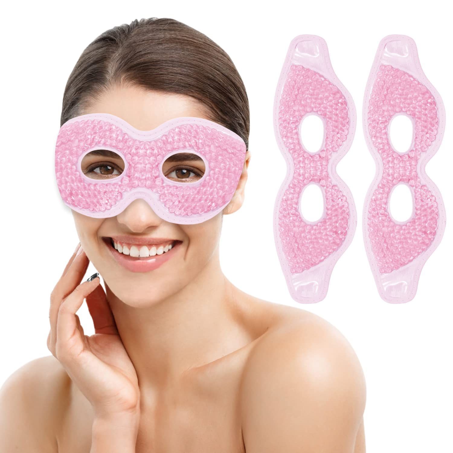 2 PCS Ice Eye Mask Reusable Ice Pack for Eyes,Hot Cold Compress Gel Bead Cooling Eye Mask with Eye Hole for PuffinessDark CirclesEye BagsDry EyesHeadachesMigrainesStress Relief (Pink)