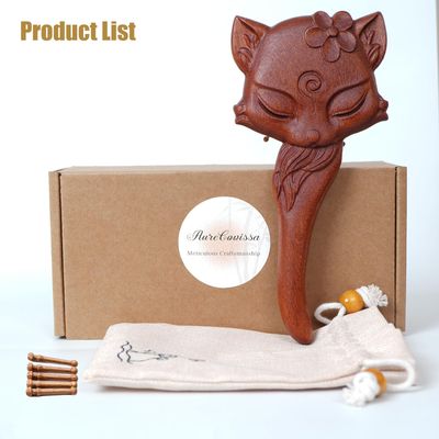 Wooden Hair Brush - Handmade Fox-Shaped Paddle Brush with Air Cushion for Men Women, Includes Replacement Bristles Stylish Cloth Bag