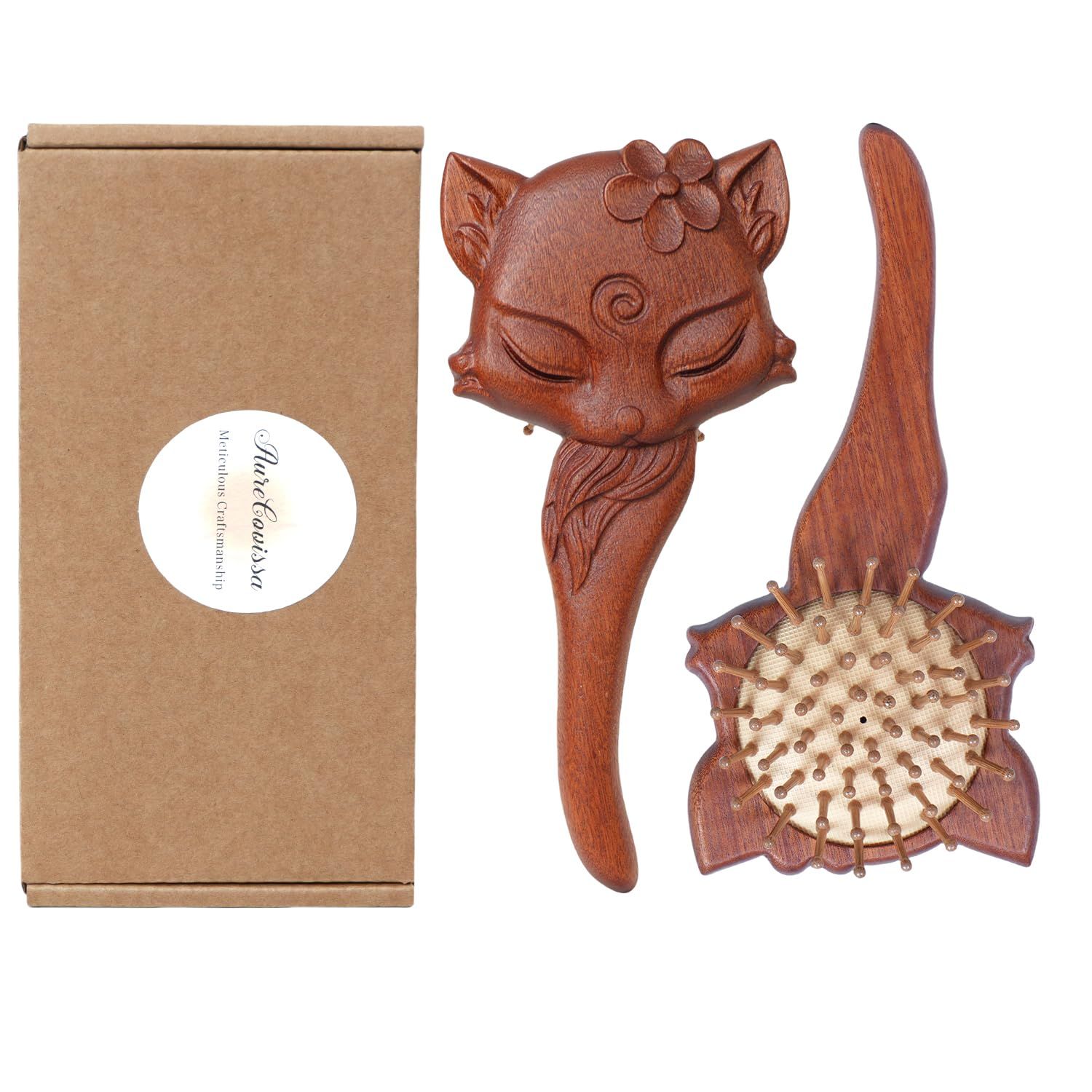 Wooden Hair Brush - Handmade Fox-Shaped Paddle Brush with Air Cushion for Men Women, Includes Replacement Bristles Stylish Cloth Bag