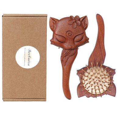 Wooden Hair Brush - Handmade Fox-Shaped Paddle Brush with Air Cushion for Men Women, Includes Replacement Bristles Stylish Cloth Bag