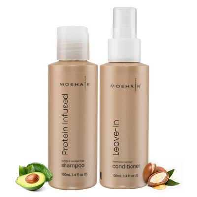 Moehair Travel Size Toiletries (Protein-Infused Shampoo Leave-In Conditioner)Travel Shampoo Conditioner Set Strengthens Hydrates Hair Sulfate Paraben-Free Set For All Types (3.4 Fl.Oz)
