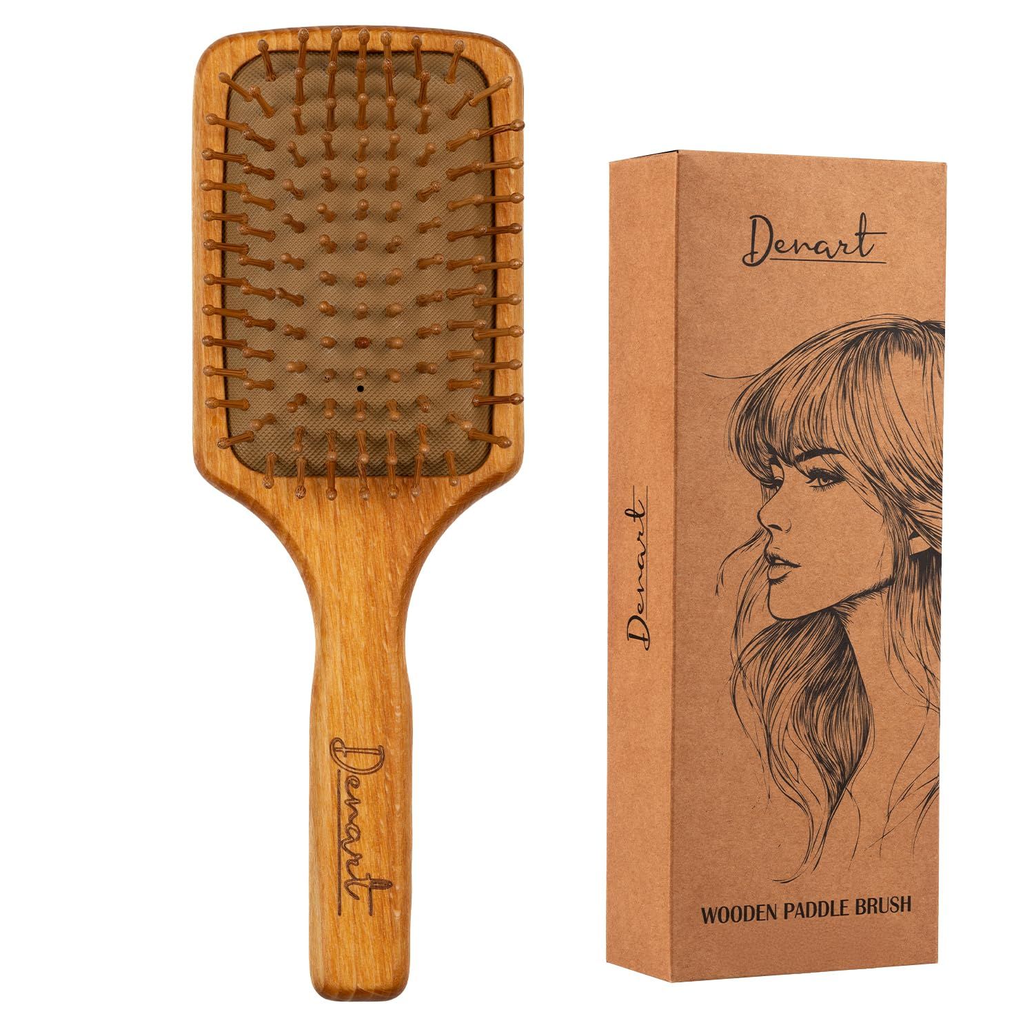 Hand Made Natural Wooden Bristle Paddle Hair Brush, Detangling for All Hair Types, Reduces Frizz Enhances Shine - Gentle Scalp Massage, Growth