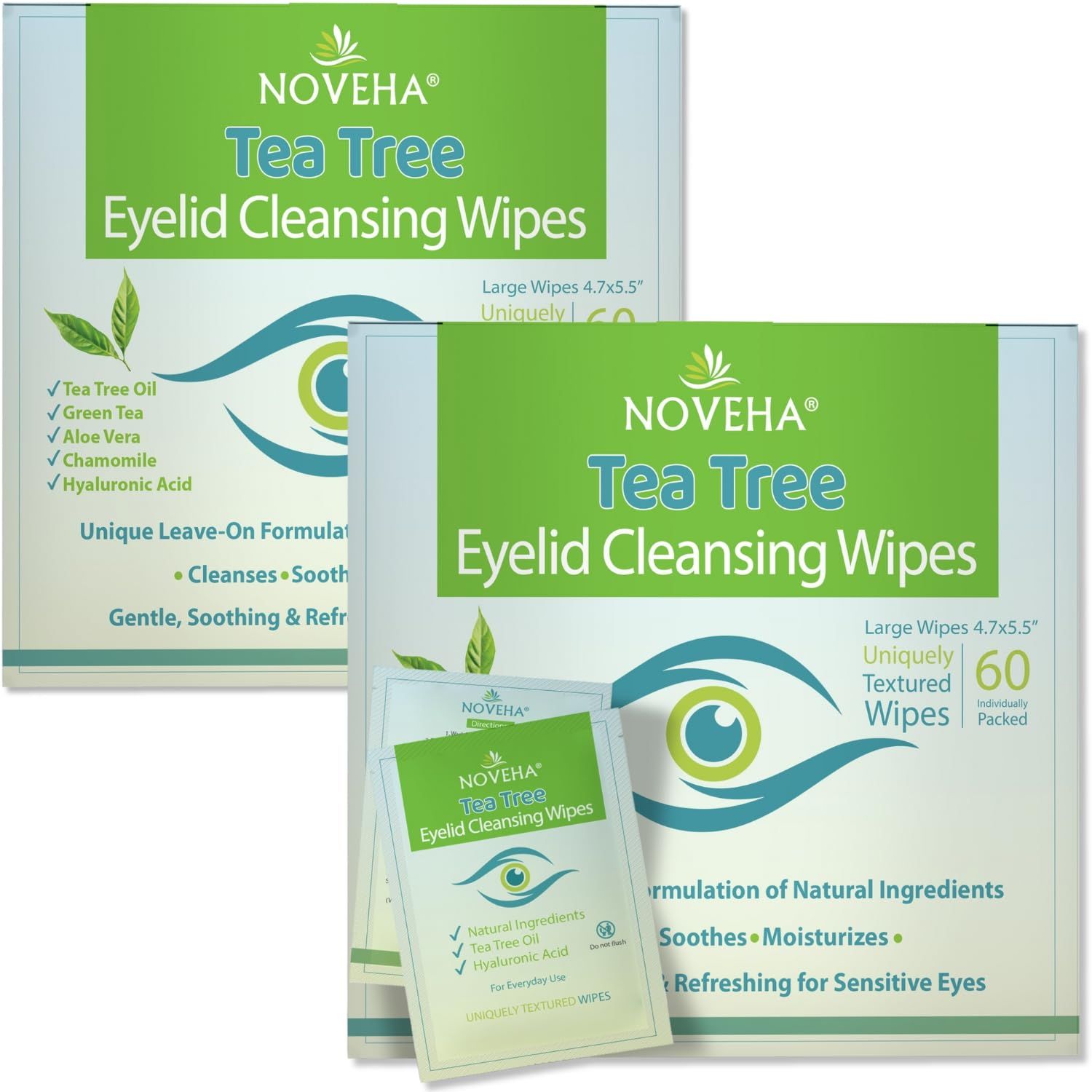 NOVEHA 120Pcs Tea Tree Oil Eyelid Lash Wipes With Hyaluronic Acid, Green Tea Chamomile For Blepharitis Itchy Eyes, Individually Wrapped Eyelash Wipes, Natural Makeup Remover Cleanser (2 Pack)