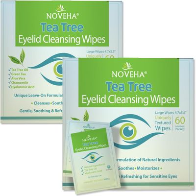 NOVEHA 120Pcs Tea Tree Oil Eyelid Lash Wipes With Hyaluronic Acid, Green Tea Chamomile For Blepharitis Itchy Eyes, Individually Wrapped Eyelash Wipes, Natural Makeup Remover Cleanser (2 Pack)