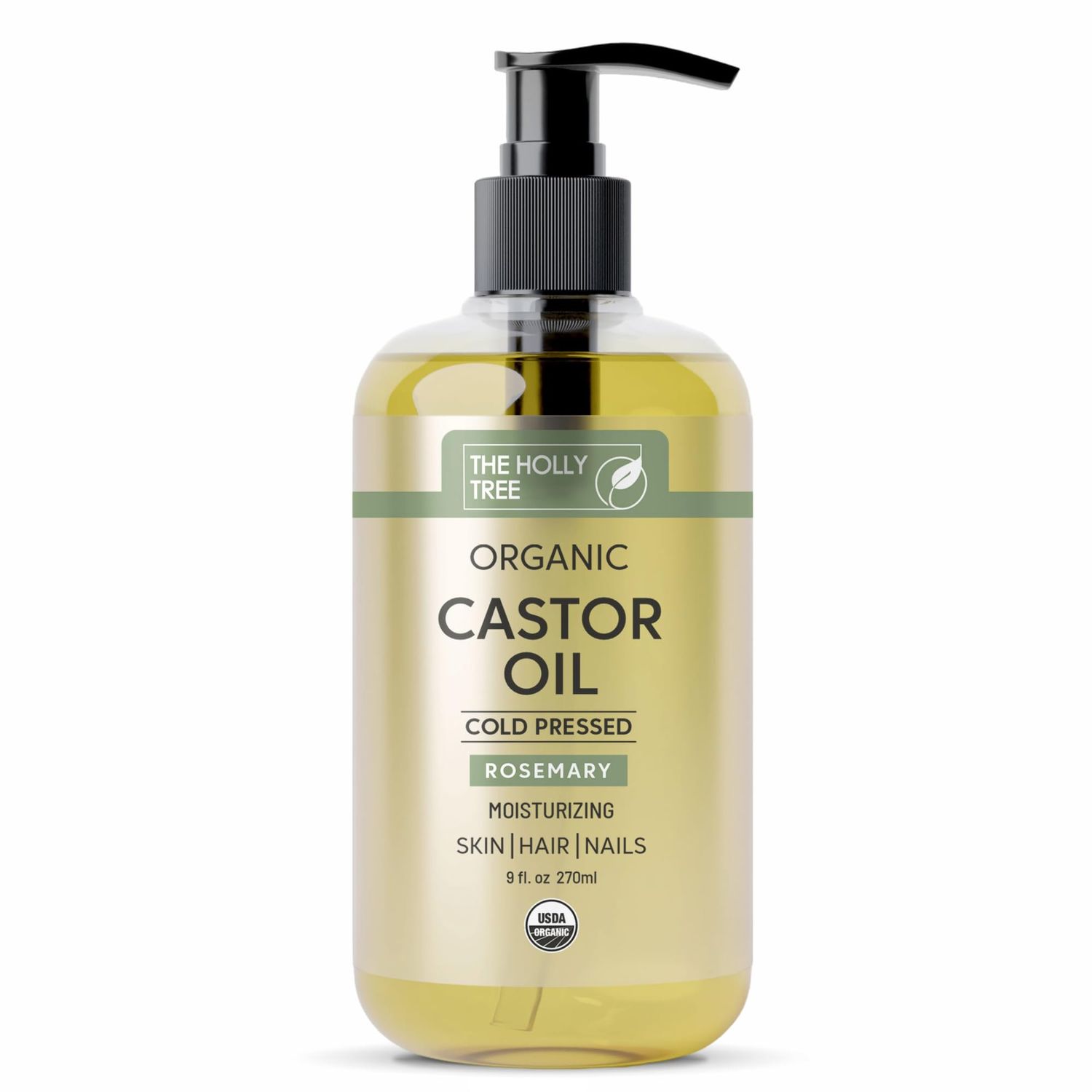Organic Castor Oil 9 fl oz - Rosemary Infused Cold Pressed - 100 Pure Hexane Free - Castor Oil for Hair Growth - Moisturizing Nourishing for Face Body - The Holly Tree
