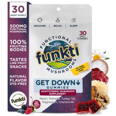 Funkti Mushroom Sleep Gummies, Melatonin-Free, Restful Sleep Stress Relief Support with Reishi, Tremella, Turkey Tail, Magnesium, Chamomile, Get Down Gummies - 30 Servings