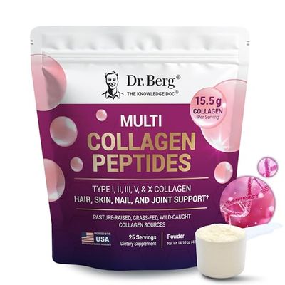 Dr. Berg Multi Collagen Peptides Powder Types I, II, III, V, X - Unflavored Collagen Powder w 14 g of Protein - Grass-Fed, Pasture-Raised Wild-Caught Collagen Sources - 25 Servings