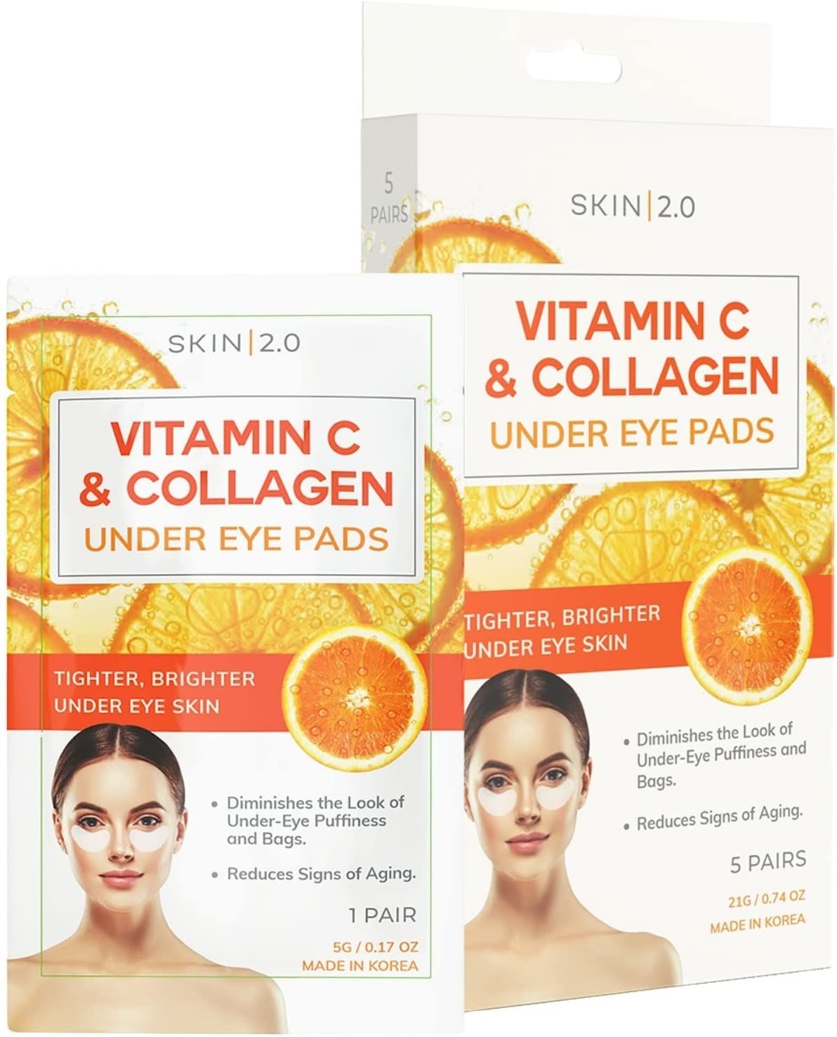 Skin 2.0 Vitamin C Collagen Under Eye Patches - Dermatologist Tested - Brightens Dark Circles, Tightens Under Eye Skin, Anti-Aging - Natural Ingredients Korean Skin Care - All Skin Types - 5 Pairs