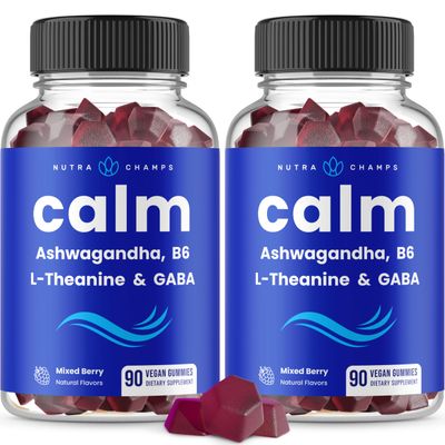 NutraChamps Calm Gummies, Stress Gummies Supplement with Ashwagandha, L-Theanine, GABA, Vitamin B6 Lemon Balm, 90 Gummies (Pack of 2)