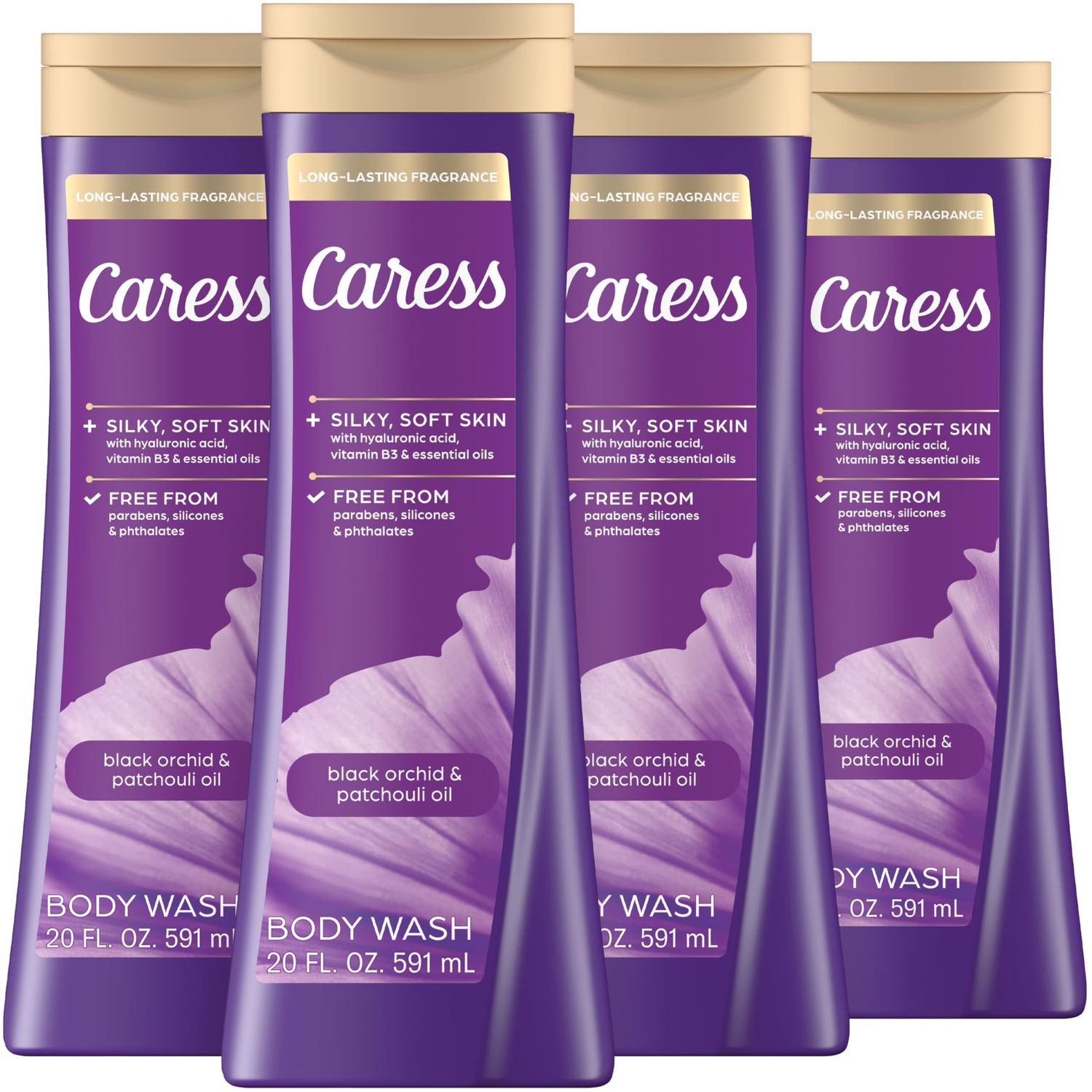 Caress Body Wash Black Orchid Patchouli Oil To Relax and Recharge Relaxing, Fragrant Body Soap 20 fl oz, Pack of 4