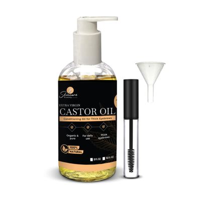 Skin Care Sunday USDA Organic Castor Oil for Eyebrows - 8 fl oz, Conditioning Oil with Eyelash Brush Funnel for Daily Use