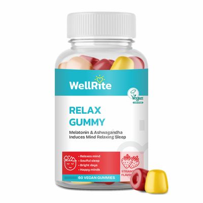Wellrite Relax Gummy Vitamins with Ashwagandha Melatonin, 60 Count, Strawberry Flavored, Vegan, Gelatin Free, Gluten Free, Nut Free, Relaxes Mind, Soulful Sleep