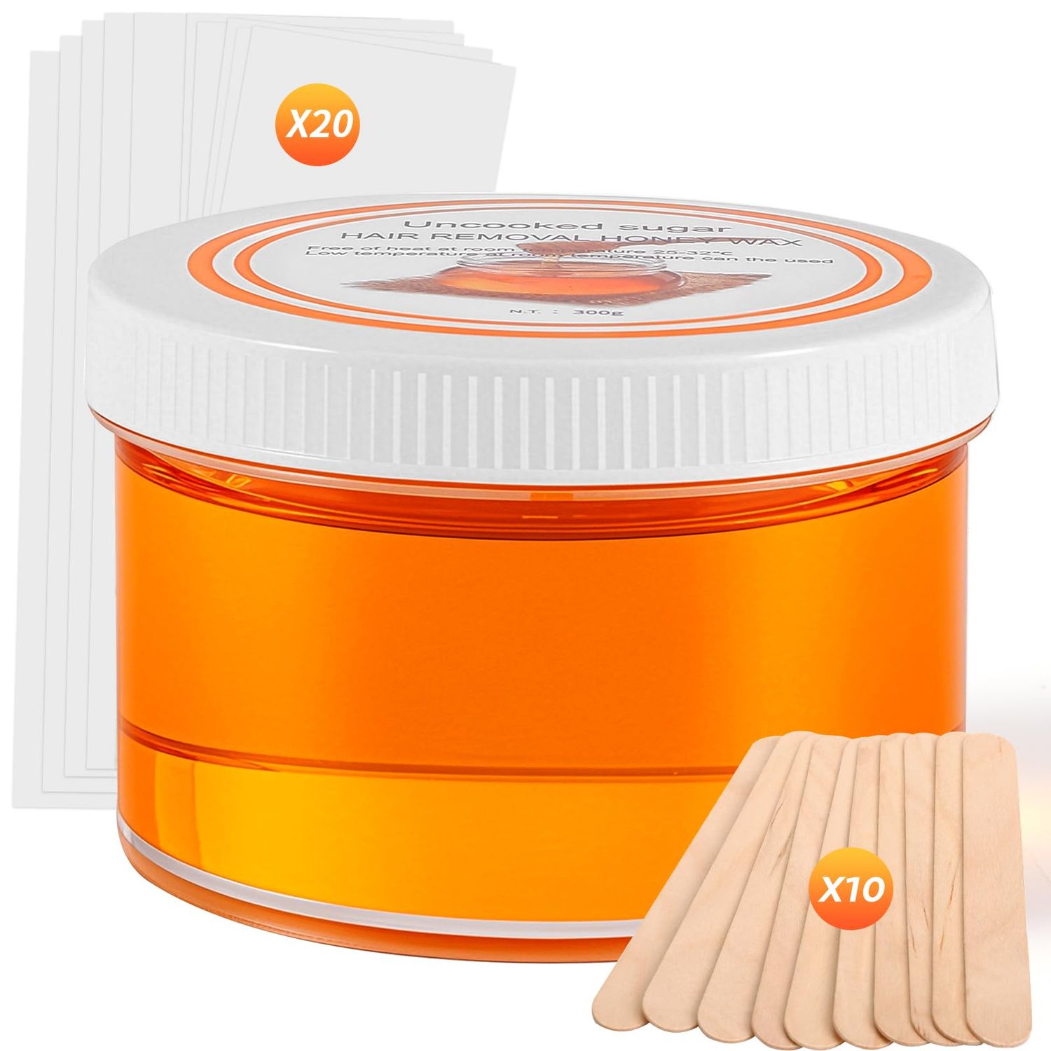 Sugar Wax Kit for Hair Removal: 300g10.6oz Organic Sugaring Wax for Body Leg Arm Bikini Back - Includes 20PCS Strips 10pcs Sticks