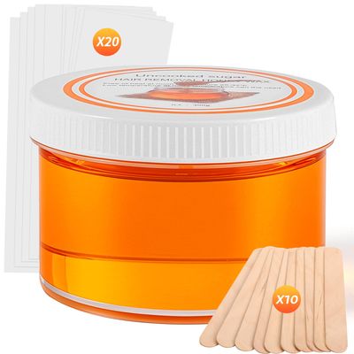Sugar Wax Kit for Hair Removal: 300g10.6oz Organic Sugaring Wax for Body Leg Arm Bikini Back - Includes 20PCS Strips 10pcs Sticks