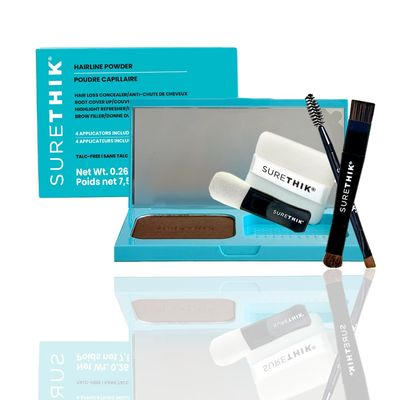 SURETHIK 4-in-1 Premium Hairline Powder Kit - Conceal Thinning Hair, Root Touch-Up, Highlight Refresher Eyebrow Enhancer for Men and Women (Medium Brown)