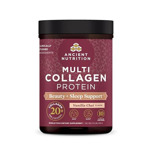 Ancient Nutrition Collagen Powder Protein, Multi Collagen Protein Beauty Sleep with Vitamin C, Vanilla Chai, Hydrolyzed Collagen Peptides Supports Skin and Nails, Sleep, 16.1oz