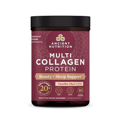 Ancient Nutrition Collagen Powder Protein, Multi Collagen Protein Beauty Sleep with Vitamin C, Vanilla Chai, Hydrolyzed Collagen Peptides Supports Skin and Nails, Sleep, 16.1oz