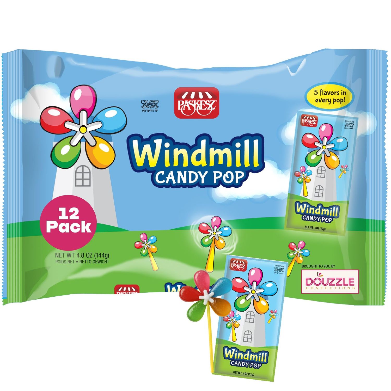 DOUzzle Windmill Candy Pop Spinner, 5 Flavors in Every Pop, Fun Lollipop (12 Count, Pack of 1) Individually Wrapped Candies, Birthday Party Favors, Goodie Bags Stuffers, Pinata Filler - Kosher Parve
