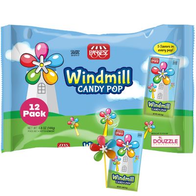 DOUzzle Windmill Candy Pop Spinner, 5 Flavors in Every Pop, Fun Lollipop (12 Count, Pack of 1) Individually Wrapped Candies, Birthday Party Favors, Goodie Bags Stuffers, Pinata Filler - Kosher Parve