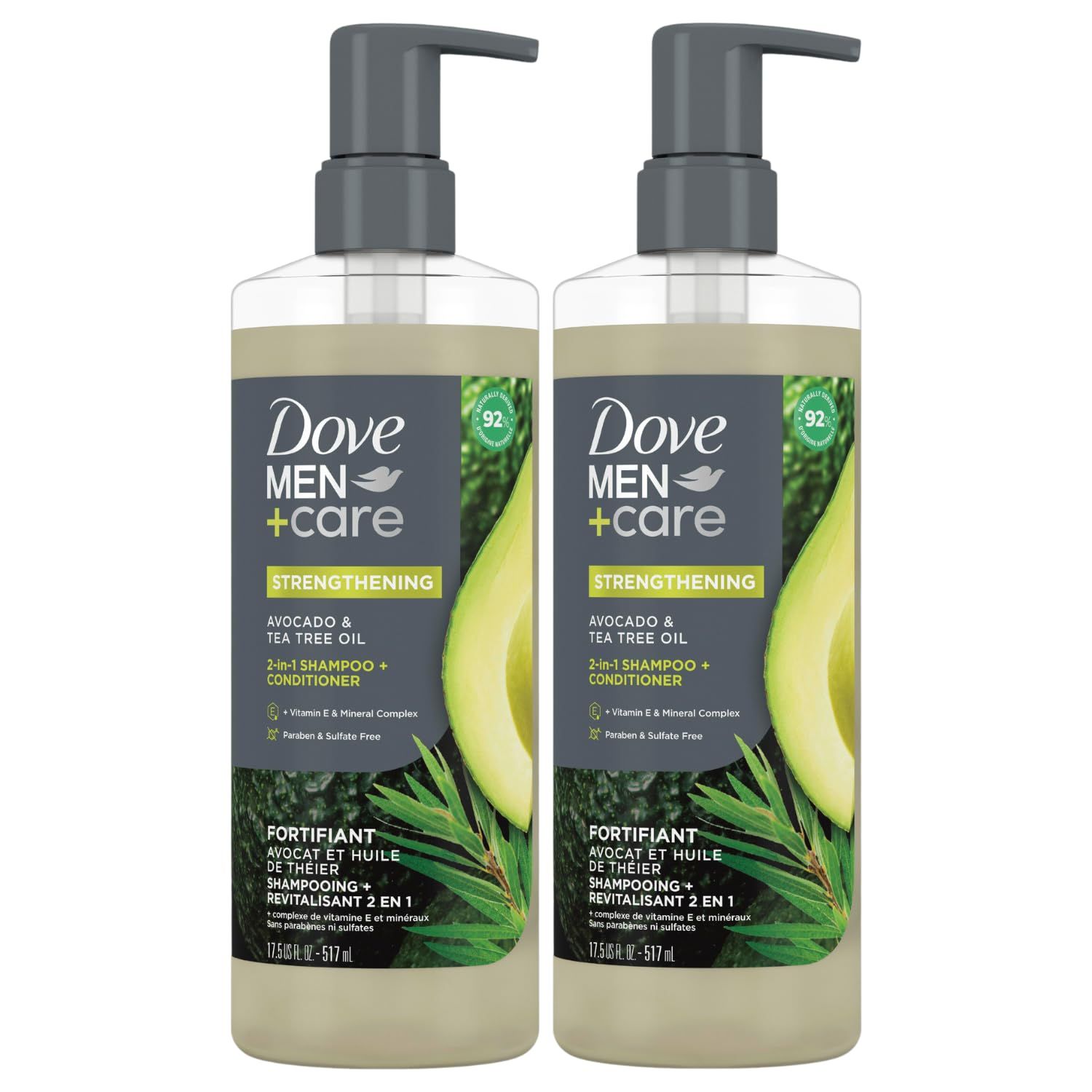 Dove MenCare Shampoo and Conditioner 2-in-1, 2-Pack -Strengthening with Vitamin E Mineral Complex, Avocado Tea Tree Oil, 17.5 Oz Ea