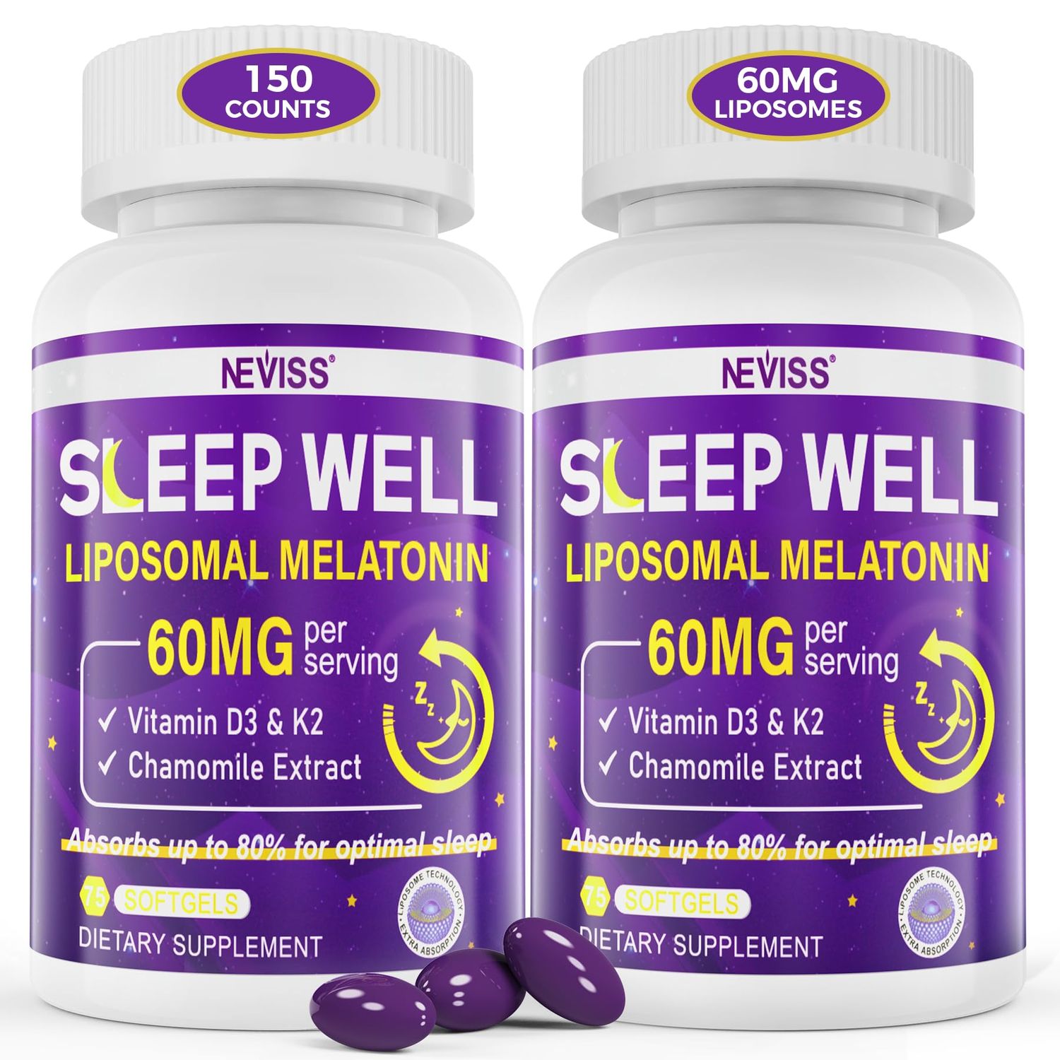Melatonin 60mg for Adults High Dose, Supports Deep Rest Brain Cognition, Extra Strength Liposomal Melatonin with Vitamin D3 K2, Chamomile, for Sound Zzz Cycle, Immune Antioxidant, 150 Softgels