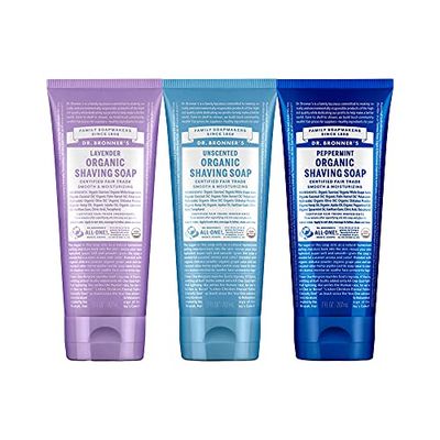Dr. Bronner&#39;s - Organic Shaving Soap (7 oz Variety Pack) Lavender, Baby Unscented, Peppermint - Certified Organic, Sugar Shikakai Powder, Moisturizes, Use on Face, Underarms, Legs 3 Count