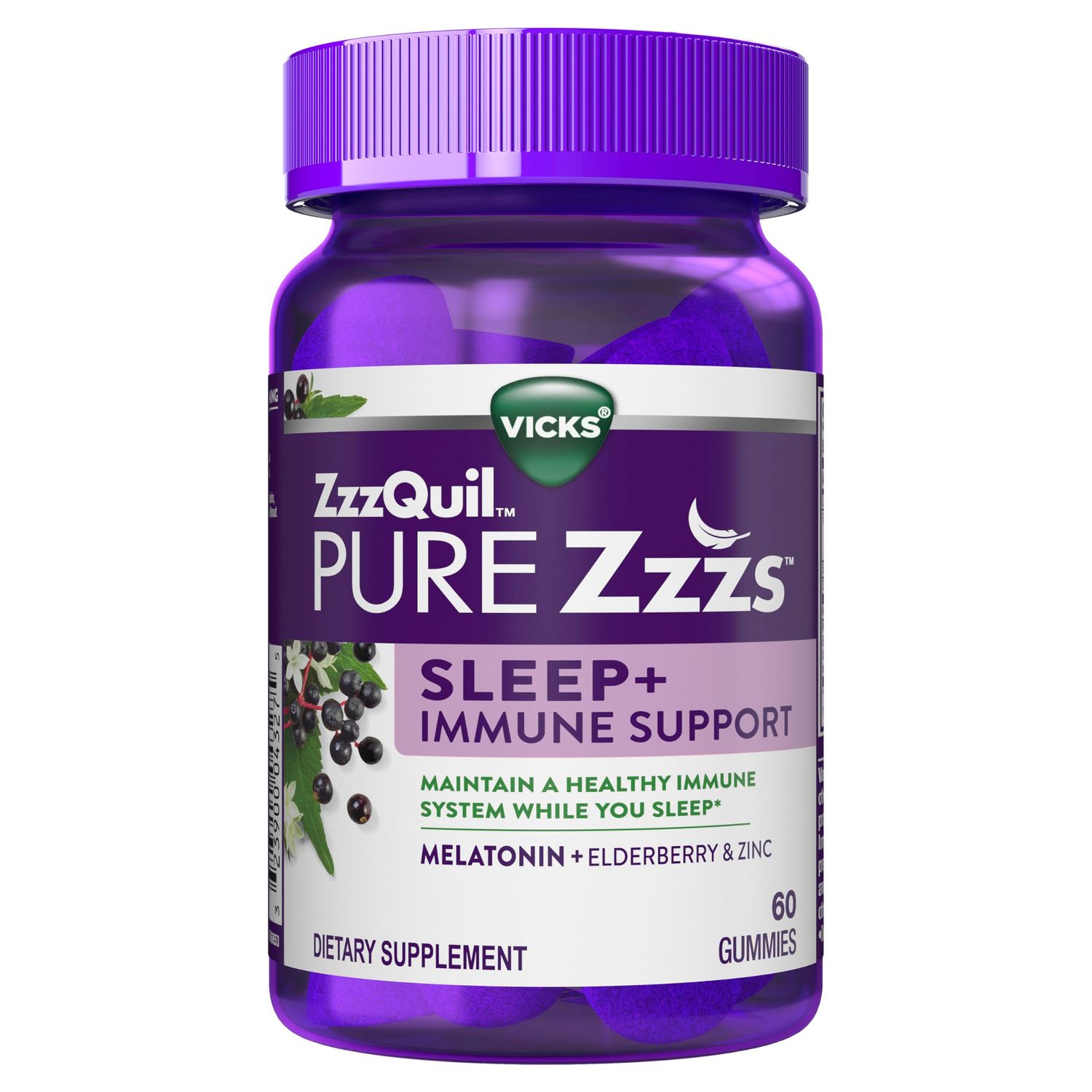 ZzzQuil Pure Zzzs Sleep Immune Support Melatonin Sleep Aid Gummies with Elderberry, Zinc, Chamomile, Lavender, Valerian Root, 1mg per Gummy, 60 ct