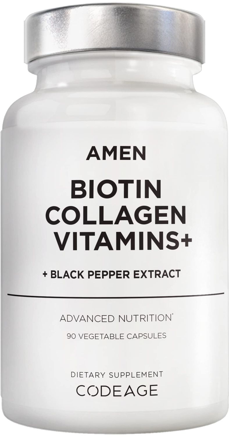 Amen Biotin Collagen Vitamins 10,000 mcg Biotin Supplement - Hydrolyzed Collagen, Vitamins C E, Folate, Hyaluronic Acid, Keratin, MSM, Saw Palmetto - 3-Month Supply - Non-GMO - 90 Capsules