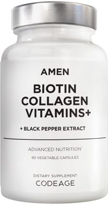 Amen Biotin Collagen Vitamins 10,000 mcg Biotin Supplement - Hydrolyzed Collagen, Vitamins C E, Folate, Hyaluronic Acid, Keratin, MSM, Saw Palmetto - 3-Month Supply - Non-GMO - 90 Capsules