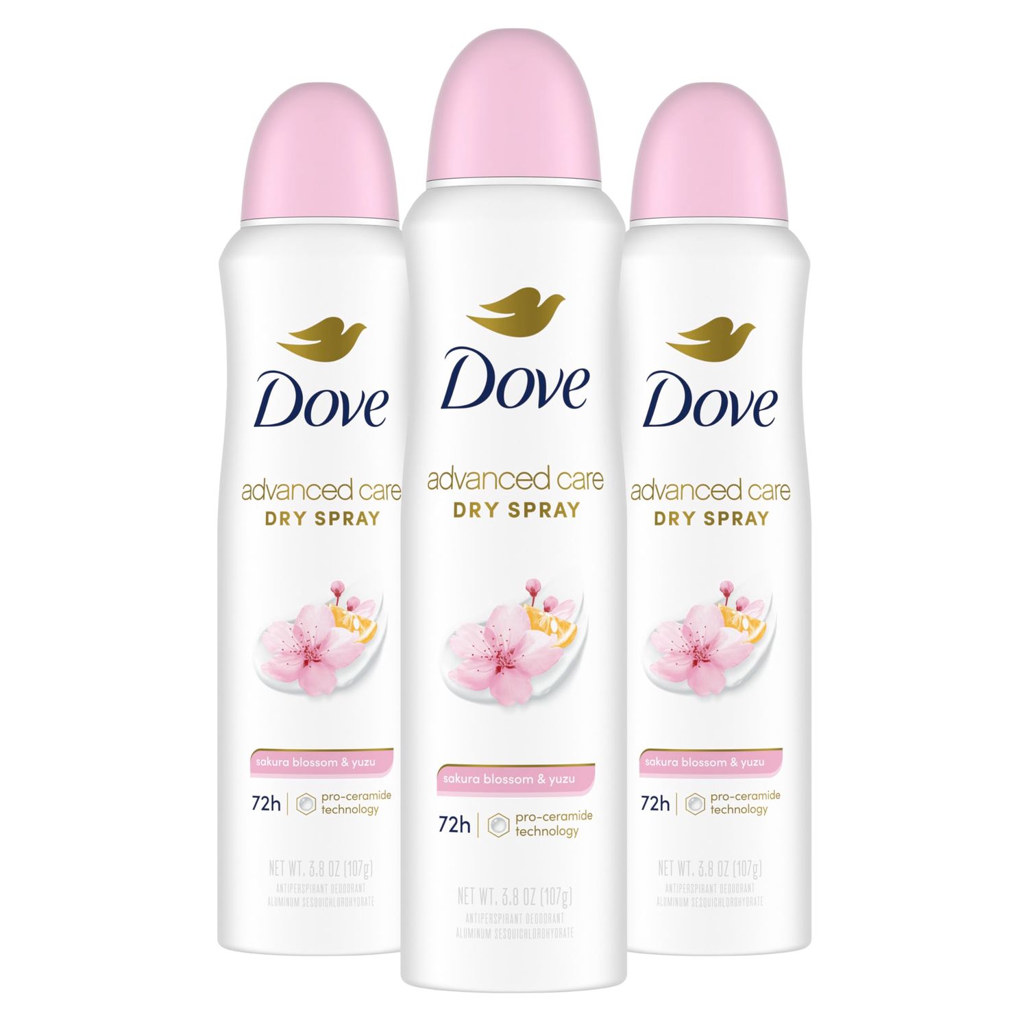 Dove Advanced Care Antiperspirant Deodorant Spray for Women 3 Pack Sakura Blossom Yuzu 72 hour sweat and odor protection 3.8 oz