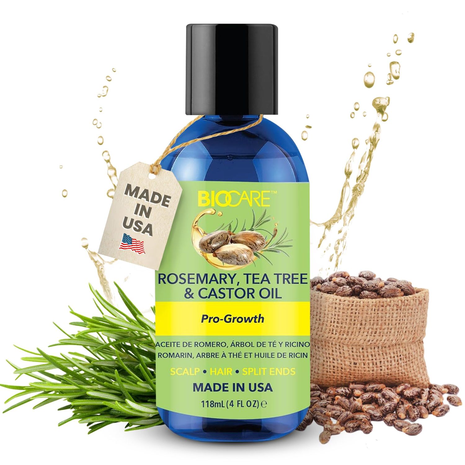 BIOCARE - Rosemary, Tea Tree, and Castor Oil - Hair Growth Oil, Strength, and Faster Growth - 4 oz